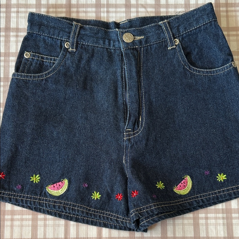 Kids Denim Shorts with Watermelon Embroidery